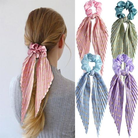 Lot de 4 Packs Scrunchies Tissu Floral Boho Élastiques avec Nœud Cadeau Élégant pour Femme Fille Cheveux Longs (1/5)