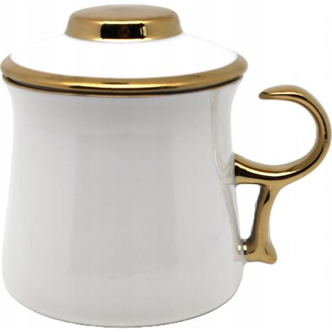 Elegante taza de porcelana blanca con infusor y asa dorada, 350 ml. (1/5)