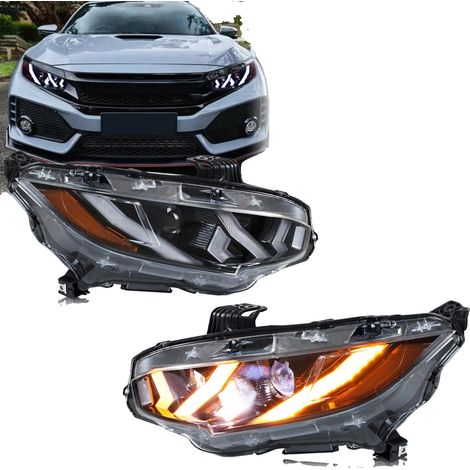 Conjunto de faros delanteros, material PC/ABS/PMMA/vidrio, voltaje de 12 V, compatible con Civic X 2016-2021, función de intermitente secuencial, instalación plug and play. (1/5)