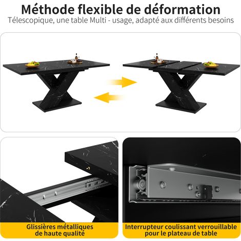 Table à manger noire extensible effet marbre en MDF et métal avec pieds en X et rail coulissant pour cuisine et salle à manger (1/5)