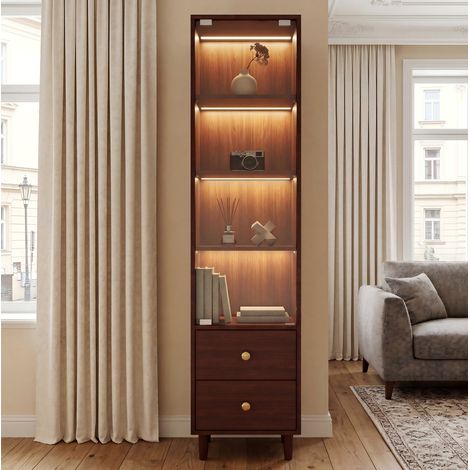 Vitrine mit LED-Beleuchtung, 4 Einlegeböden, 1 Tür, 2 Schubladen, braun MDF, Glas, 40x35x165 cm (1/5)