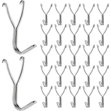 Lot de 50 crochets en acier inoxydable pour panneau perforé de 20 mm pour rangement de cuisine, garage, accessoires, outils d'établi, fournitures d'artisanat