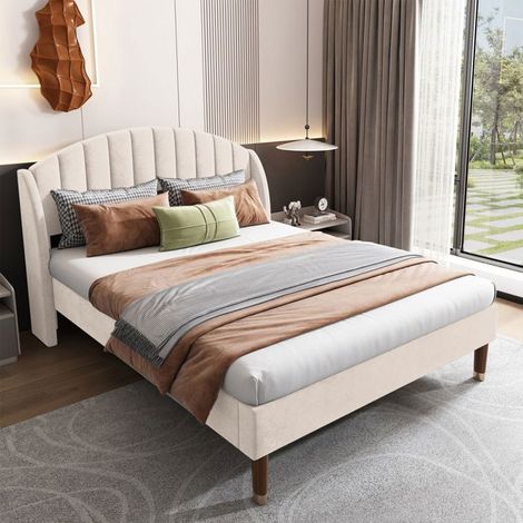 Letto 140x190 cm - NEXU - Letto imbottito 140x190 - Rete a doghe in legno - Velluto beige (1/5)