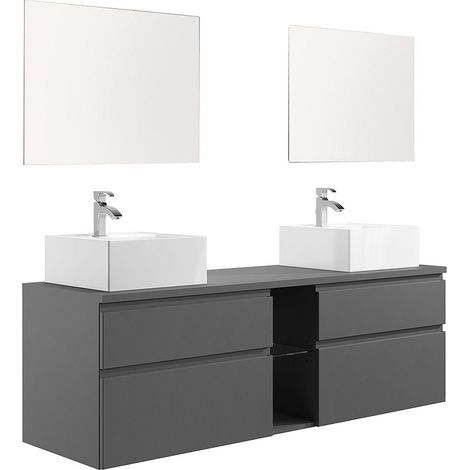 Meuble de salle de bain suspendu avec double vasque et miroirs - Gris - 150 cm - MAGDALENA II