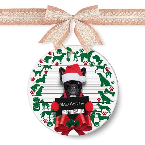 DECORACIÓN DE CERÁMICA PARA ÁRBOL DE NAVIDAD CORONA DE PERRO BAD SANTA 7.5cm (1/4)