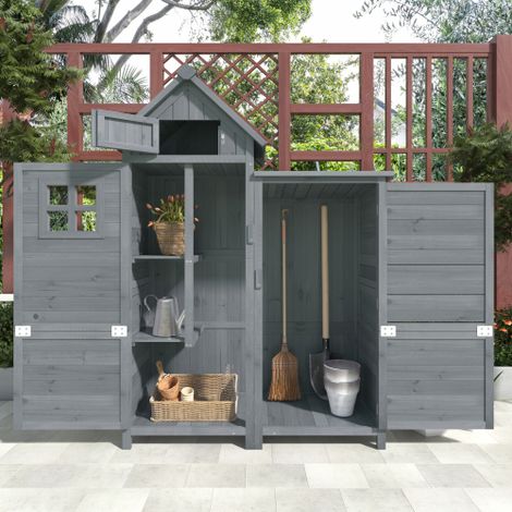 Wetterfester Gartenschuppen aus Zedernholz, Doppeltürschrank, großer Stauraum, ideal zur Aufbewahrung von Gartengeräten, Ausrüstung und Gepäck, grau.
