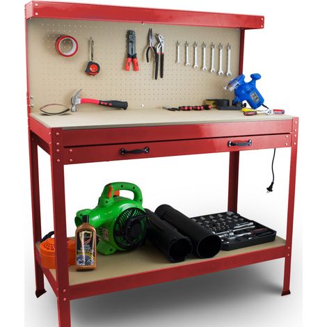 Werktisch Werkbank Arbeitstisch Arbeitsplatte Lochwand Schublade Werkstatt Kompakte Werkbank mit 115 x 55 x 140 cm Rot (1/5)