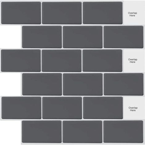 10 Feuilles Peel and Stick on Tiles Metro Subway Carrelage Mural Auto-Adhésif Gris Noir pour Cuisine Salle de Bains (12" x 12") NPTERBL