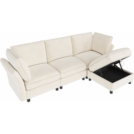 CHICFURN Sofá modular en L de 4 plazas con puff de almacenaje, tela beige, asiento suave con muelles ensacados y 2 cojines de brazo, para salón y dormitorio (1/5)