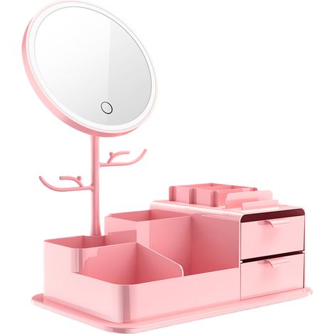 Caja organizadora de cosméticos con espejo de maquillaje LED - Rosa