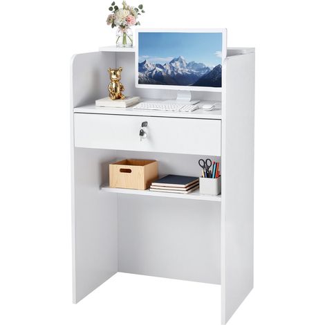 Comptoir de Réception, 60 cm Bureau d'Accueil Rectangulaire avec Tiroir Verrouillable, Table de Caisse Compacte pour Bureau, Hall d'Entrée, Salon et Boutique, Meuble d'Accueil Moderne, Blanc (1/5)