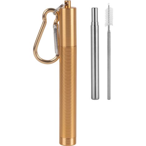 Kit de Pailles Réutilisables en Acier Inoxydable Rétractable (Étui Doré + Brosse et Mousqueton) (1/5)