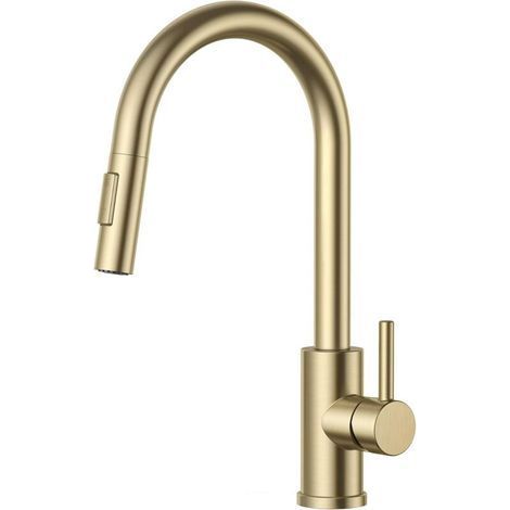 Mitigeur de cuisine à douchette extractible – Pivotant 360° – Finition or brossé – Bec haut 23,5 cm – Débit 1,5 GPM (1/5)