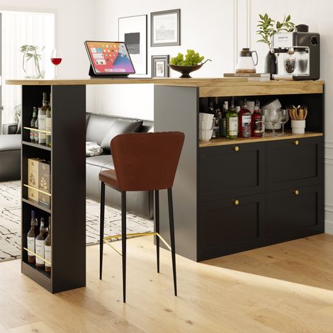 Meuble modulable d'angle 105x39x102 cm noir en MDF avec 4 tiroirs, étagères ouvertes et cadre pivotant (1/5)