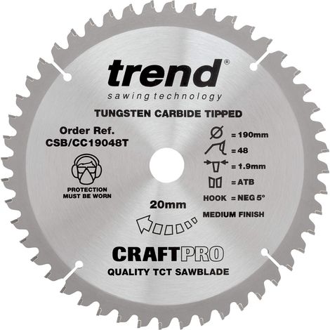 TREND Lama per sega CraftPro TCT a gancio negativo, diametro 190 mm x 48 denti x foro 20 mm, punta in carburo di tungsteno, CSB/CC19048T
