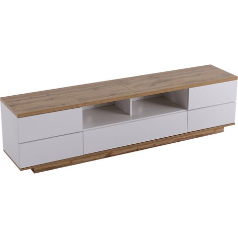 Meuble TV moderne 180 cm blanc avec panneaux effet bois et portes à grille (1/5)