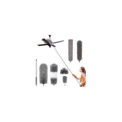 Plumeau Poussière Télescopique 7pcs Microfibre Nettoyage Kit avec Poignée Inoxydable Lavable Têtes Amovibles Balai Antipoussière pour Plafond Rideau Ventilateur Toiles d'araignée Stores (1/5)