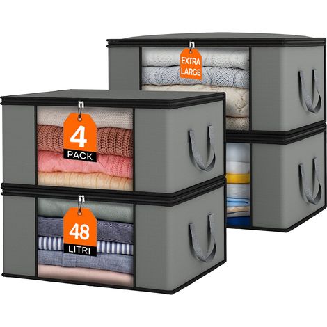 Set 4 Contenitori Pieghevoli 48L con Manici Rinforzati e Finestra Trasparente (1/5)
