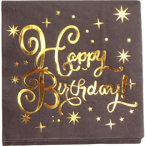 Serviettes D'anniversaire - Noir Or Imprimé Happy Birthday - 20 Pièces - Pour Décoration De Table Fête Anniversaire (1/5)