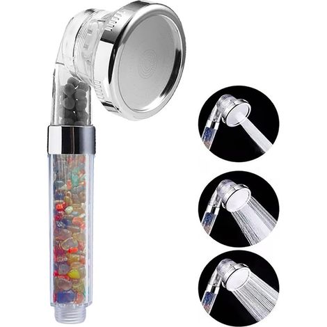 Douche Anti Calcaire Haute Pression, pommeau de douche à filtre minéral avec 3 modes de pulvérisation, cristaux de guérison naturels, pierres précieuses, équilibre du pH, aide la peau sèche (1/5)