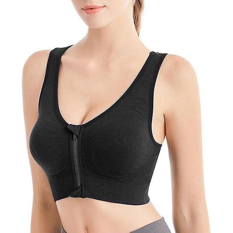 Atmungsaktiver Sport-BH mit Frontreißverschluss, ohne Bügel und stoßdämpfend, ideal zum Laufen, Yoga und für andere Sportarten für Frauen – Größe S – Schwarz