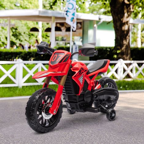 Moto da cross elettrica per bambini dai 3 agli 8 anni, batteria da 6V, 2 motori, clacson e rotelle stabilizzatrici, portata massima 30 kg, colore rosso.
