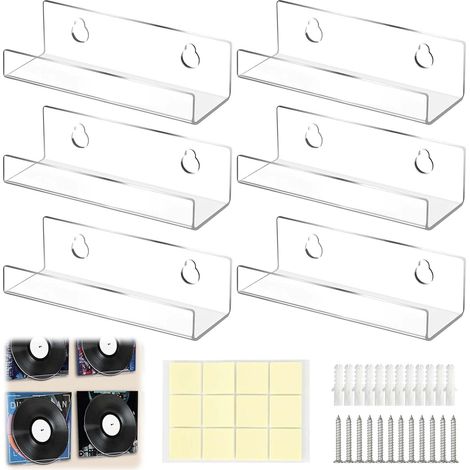 Lot de 6 présentoirs muraux pour CD, étagères flottantes transparentes de 10 cm pour salon, album mural en vinyle acrylique transparent, étagères flottantes pour vernis à ongles, bureau à domicile (1/5)