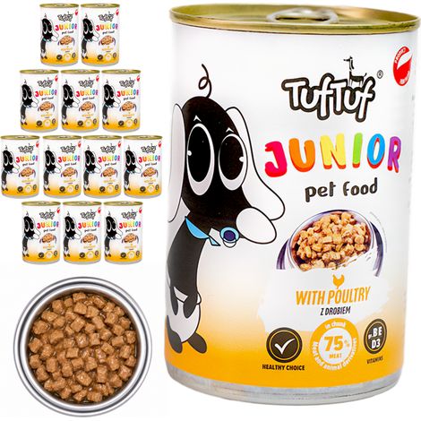 TufTuf JUNIOR comida húmeda para cachorros, sabor a pollo, lata de 12 x 415 g, trozos en salsa. (1/2)