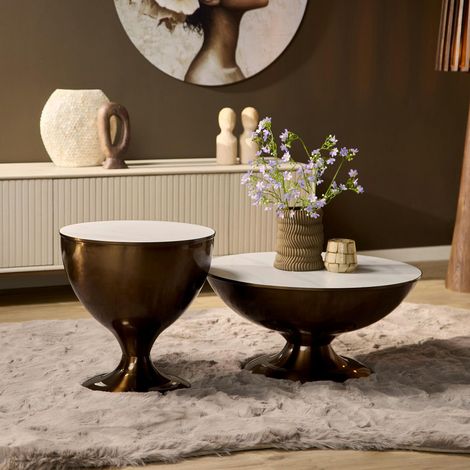 Table basse ronde marbre blanc métal (x2) 75 cm DUOMO (1/5)