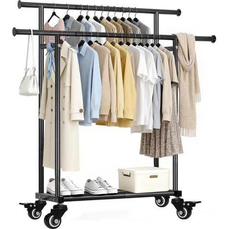 Portant à vêtements sur roulettes avec 2 tringles + étagère Portant mobile, max. 60 kg, stable avec roulettes fluides Montage rapide pour chaussures, chambre à coucher, salon, buanderie (1/5)