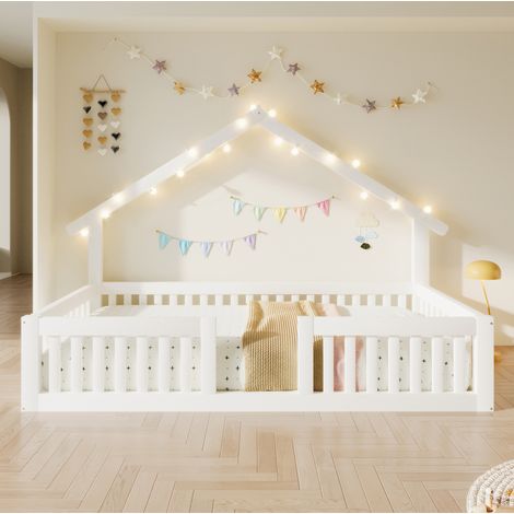 Lit cabane enfant 90x200 cm en bois, avec barrières de sécurité, LED et finition blanche, OKWISH (1/5)