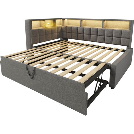 Lit rembourré en lin 90x200 avec lit gigogne 90x190, LED, haut-parleurs Bluetooth, ports de charge USB et Type-C, tête de lit en L avec étagère de rangement, canapé-lit/lit d'appoint, gris, sans matel (1/5)
