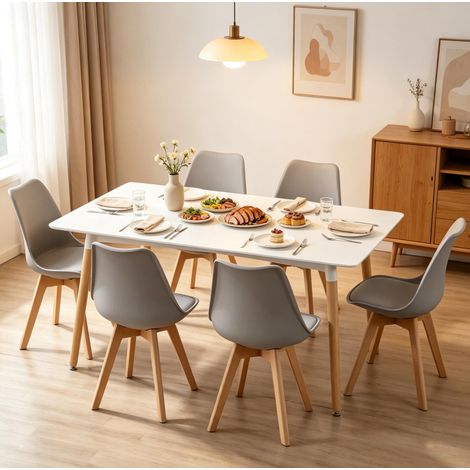 Lot de 6 chaises de salle à manger grises en simili cuir et pieds en bois OKWISH (1/5)