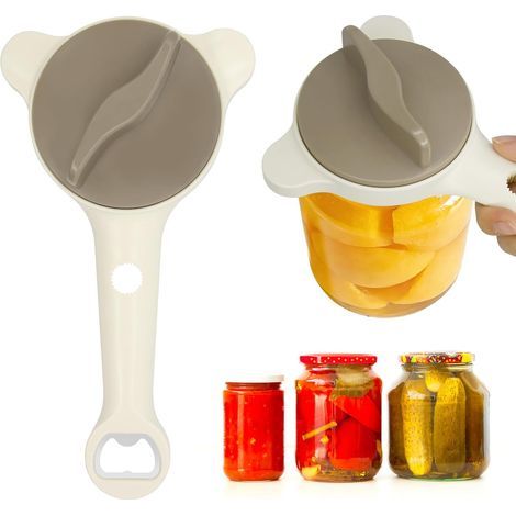 4-in-1 jar opener for seniors and people with limited grip strength, extra-long handle bottle opener with corkscrew, multifunctional kitchen utensil. (1/5)