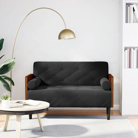 Canapé 2 places en velours noir, largeur d’assise 110 cm, 2 coussins cylindriques - PANGIVO (1/5)