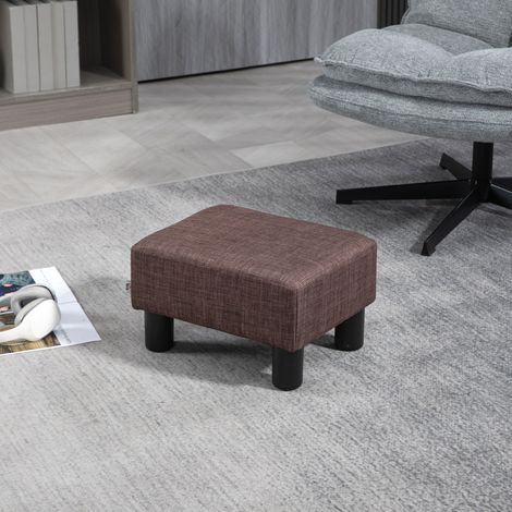 Sgabello con rivestimento in tessuto effetto lino, portata massima 110 kg, colore marrone, dimensioni 40 x 30 x 24 cm.