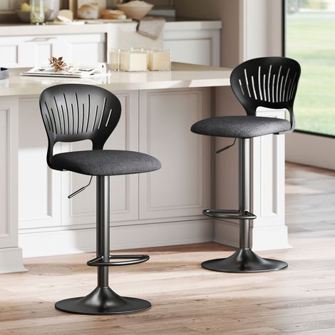 Set aus 2 höhenverstellbaren Barhockern, hohe Küchenhocker in Leinenoptik mit Rückenlehne, Fußstütze und weichem Sitz, Metallgestell, 360° drehbar, Schwarz (1/5)