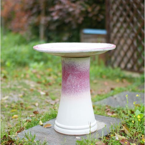 Bañera para pájaros de cerámica Ø 43 x H 45 cm, blanco y rosa, resistente a heladas OKMYHOME (1/5)