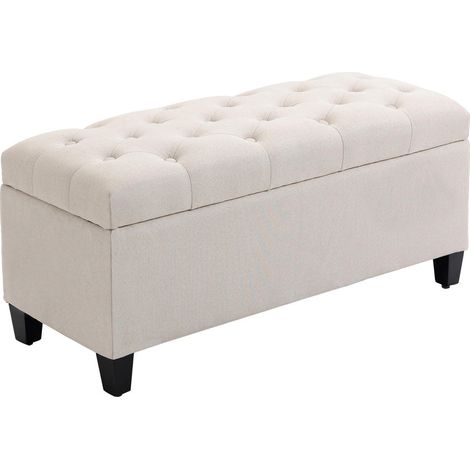Banc coffre de rangement banquette capitonnée aspect lin pieds en bois bout de lit entrée salon 100x40x44 cm blanc crème (1/5)