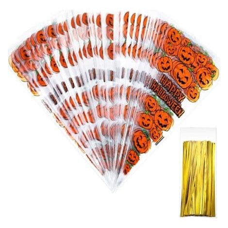 100 sachets coniques en cellophane de 33 x 17 cm avec 100 attaches pour les cadeaux de Noël et d'Halloween (1/5)