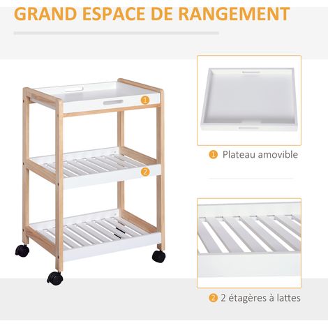 HOMCOM Chariot service cuisine 2 étagères plateau amovible tiroir MDF blanc
