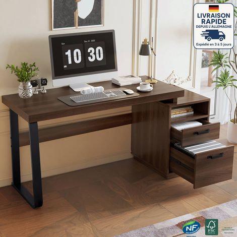 Scrivania con 2 cassetti 135x54x76.4 cm, moderna, MDF+metallo, nero e marrone (1/5)