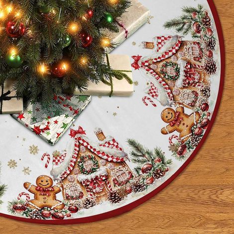 Falda para árbol de Navidad con diseño de pan de jengibre, 120 cm, roja y dorada. Alfombra para árbol de Navidad con diseño de pan de jengibre y bastones de caramelo, para Nochevieja. (1/5)