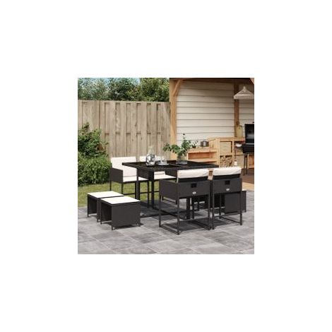 Ensemble à manger de jardin 9pcs coussins noir résine tressée (1/5)