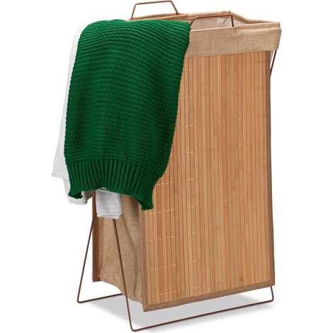 Relaxdays cesto ropa bambú plegable 40 l, estructura metal con asas, baño, 61x38x22 cm, color natural (1/5)