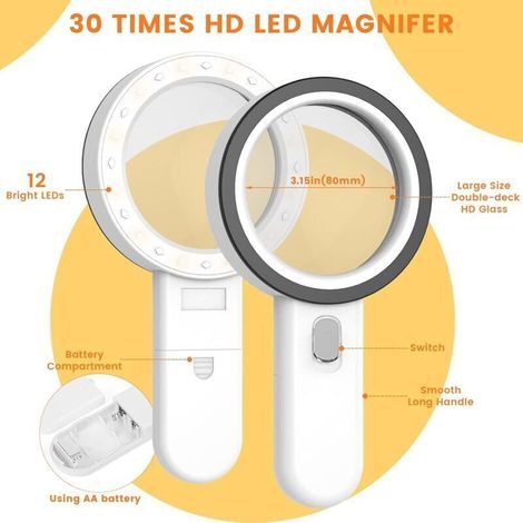 Loupe de Lecture éclairée, Loupe 30X avec 12 LED Lumière, Loupe Grossissante à Main, Loupe Eclairante pour Lecture, Bijoux, Seniors, Observation et Travaux Manuels (Bouton d'argent) (1/4)
