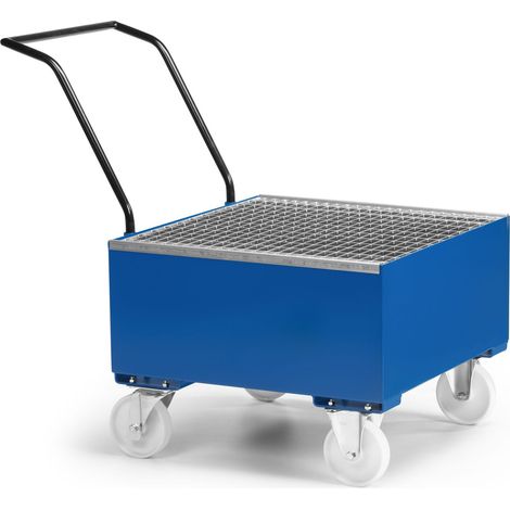 RR Industrietechnik Fahrbare Auffangwanne aus Stahl für 1x 200 Liter Fass mit Gitterrost RAL 5010 enzianblau