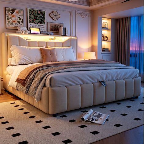 Cama con canapé 140x200 cm con sistema hidráulico, LED, USB y USB-C, beige OKMYHOME (1/5)
