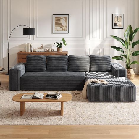 Ecksofa L-Form 4-Sitzer, Cordvelours Stoff, für Wohnzimmer, 261x145x58 cm, ohne Montage, Grau (1/5)