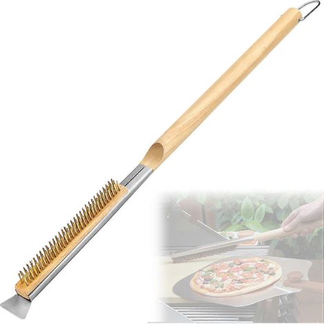 Brosse pour four à pizza, brosse de nettoyage pour pierre à pizza de 66 cm avec grattoir en acier inoxydable et poils en laiton, accessoire pour pizza, convient au nettoyage des fours. (1/5)